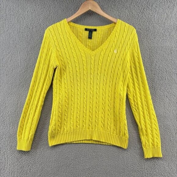 Lauren Ralph Lauren Cable Knit V-Neck Cotton Sweater Yellow Size Small Preppy - Picture 1 of 10
